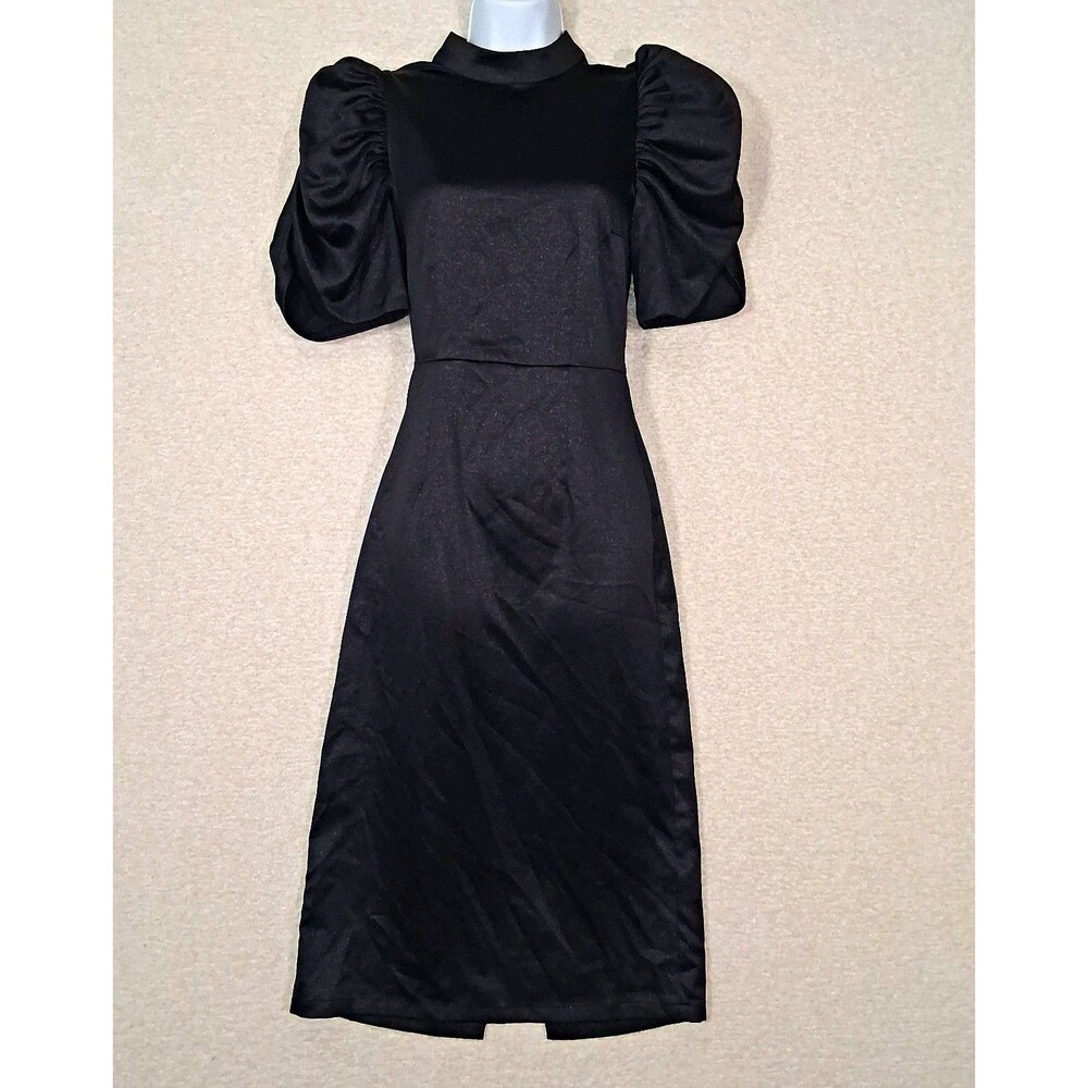 NWT Black Midi Puff Sleeve Dress Sz XS Modern Victorian Romantic Goth Sparkle